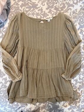 American Eagle Olive Tiered Babydoll Blouse XS Puff Sleeve Boho Top
